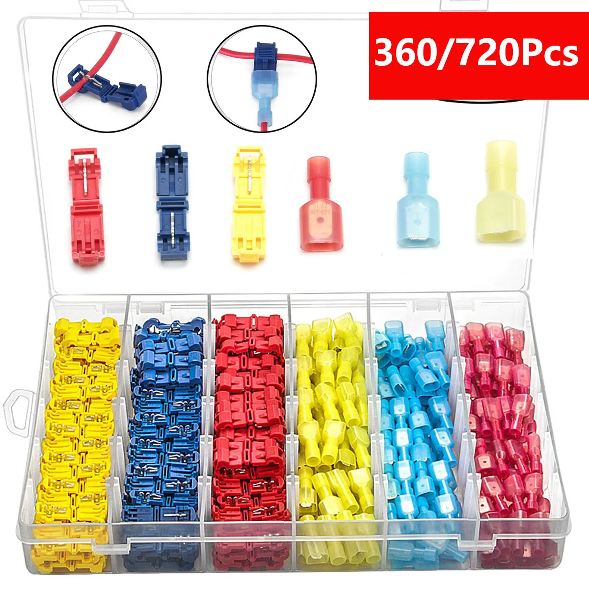 

360/720 шт. T-образные разъемы для проводов, комплект электрических разъемов, лопаточные клеммы, быстроразъемные метчики для проводов, замок для сращивания кабеля