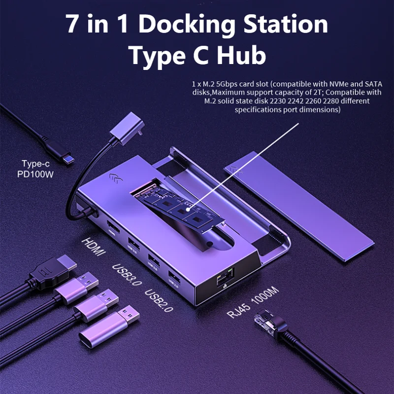 USB C Hub SSD Dock HD 4K 60Hz Sata Nvme M.2 Steam Deck 7 in 1 Docking Station for Jsaux Nintendo Switch Docks Ayaneo Accessories