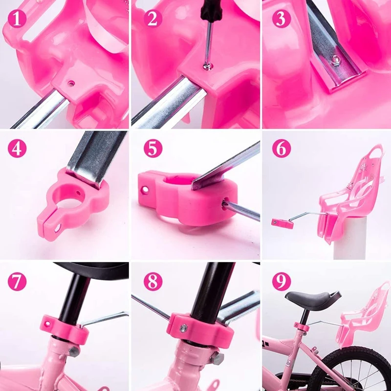 

T61C_Universal Doll Bike Seat with Stickers DIY Decal Girls Kids Bike Accessories,Pink