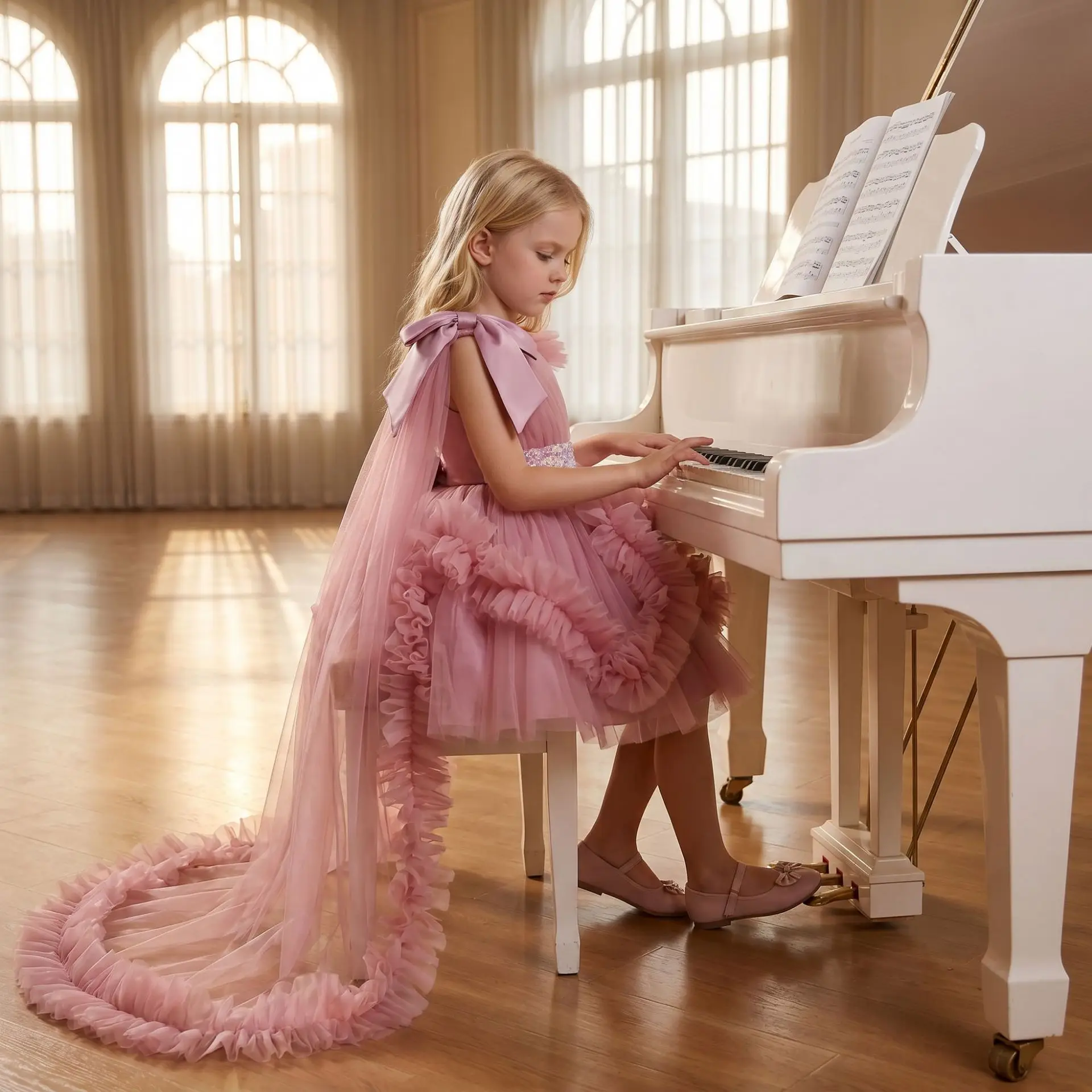 Luxury Pink Girls Pageant Gown One Shoulder Ruffle Tulle Skirt Big Satin Bow Back Long Train Kids Birthday Formal Dress