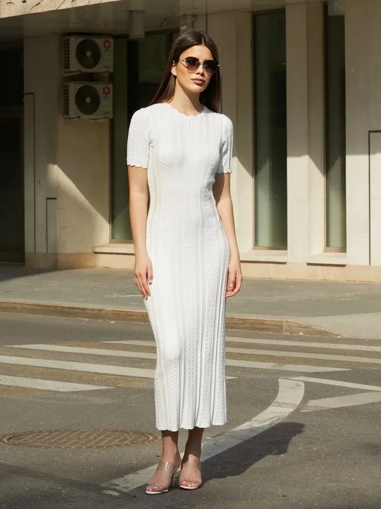 

Leosoxs Elegant White Knit Long Dress for Women Summer Sexy O-Neck Short Sleeve Bodycon Party Dresses Holidays Casual Dress 2024