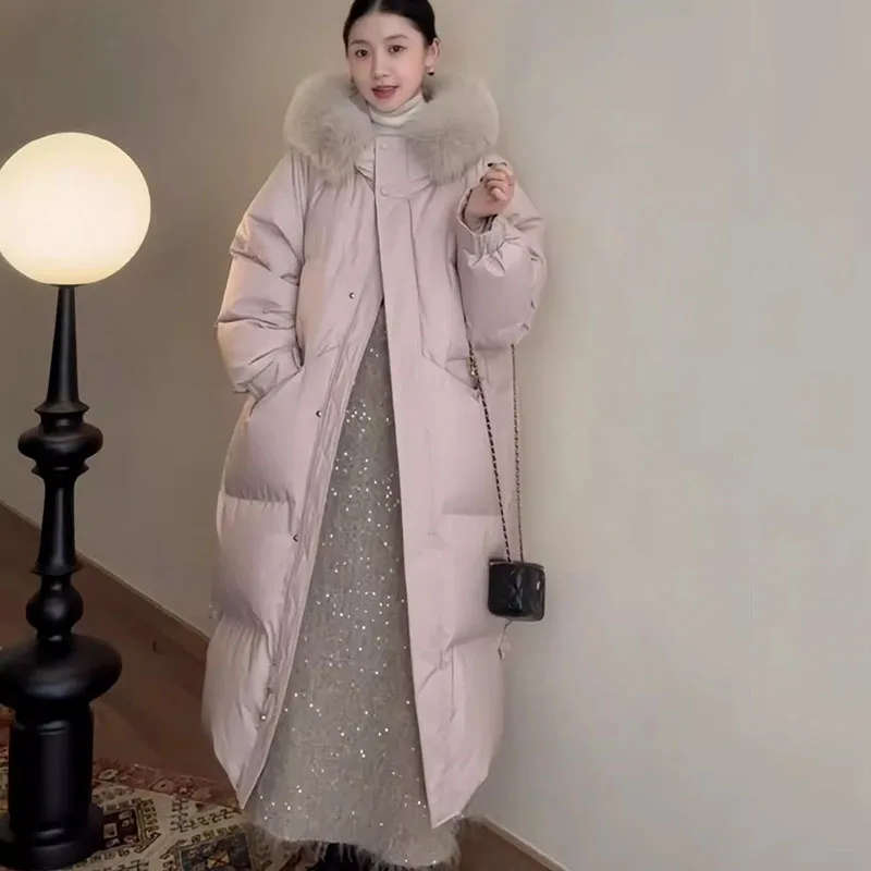 Piumino Parker da donna 2025 Nuovo inverno caldo con cappuccio spesso piumino d'anatra bianco moda grande collo di pelliccia piumino da donna H447