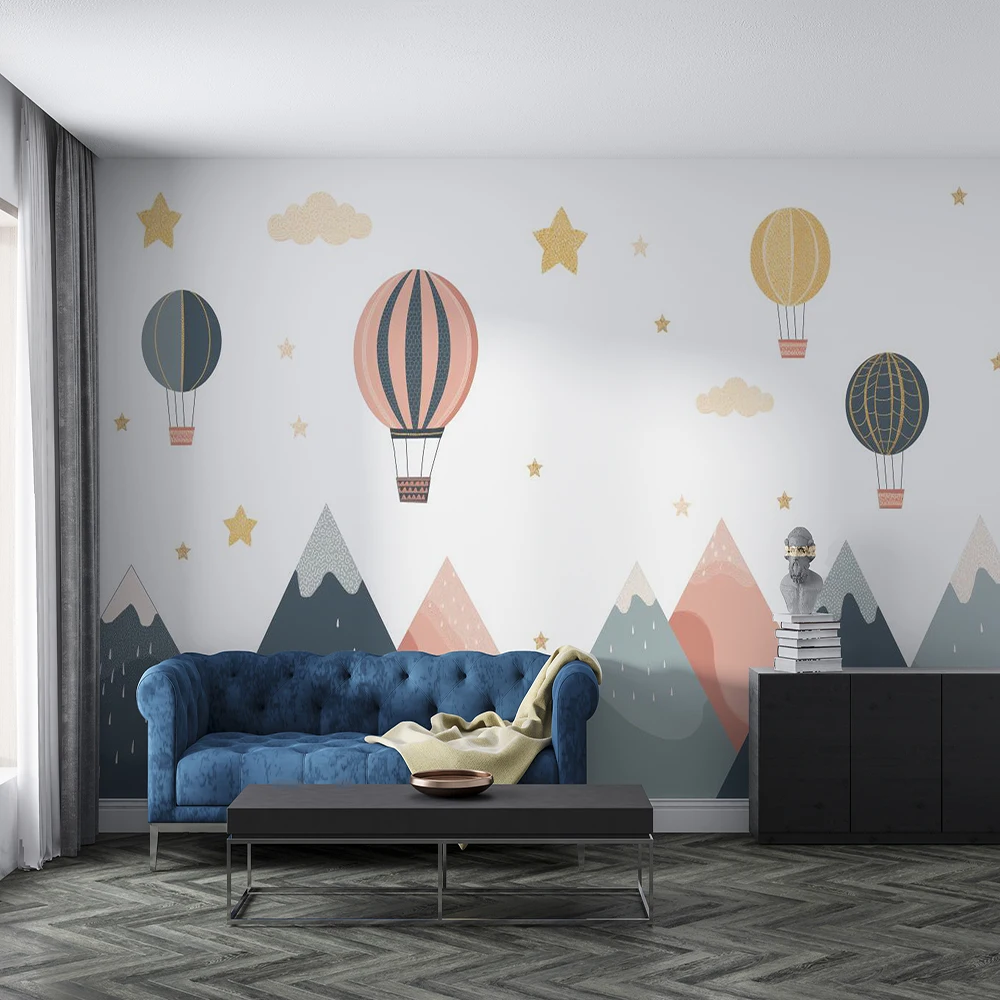 Customized 3D cartoon mountain peak mountain hot air balloon children's room wallpaper