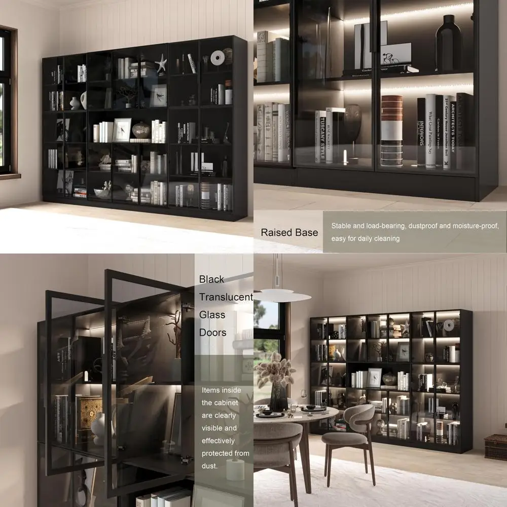 

Illuminated Glass Door Display Cabinet with 19 Shelves, 3-Piece Set in Black