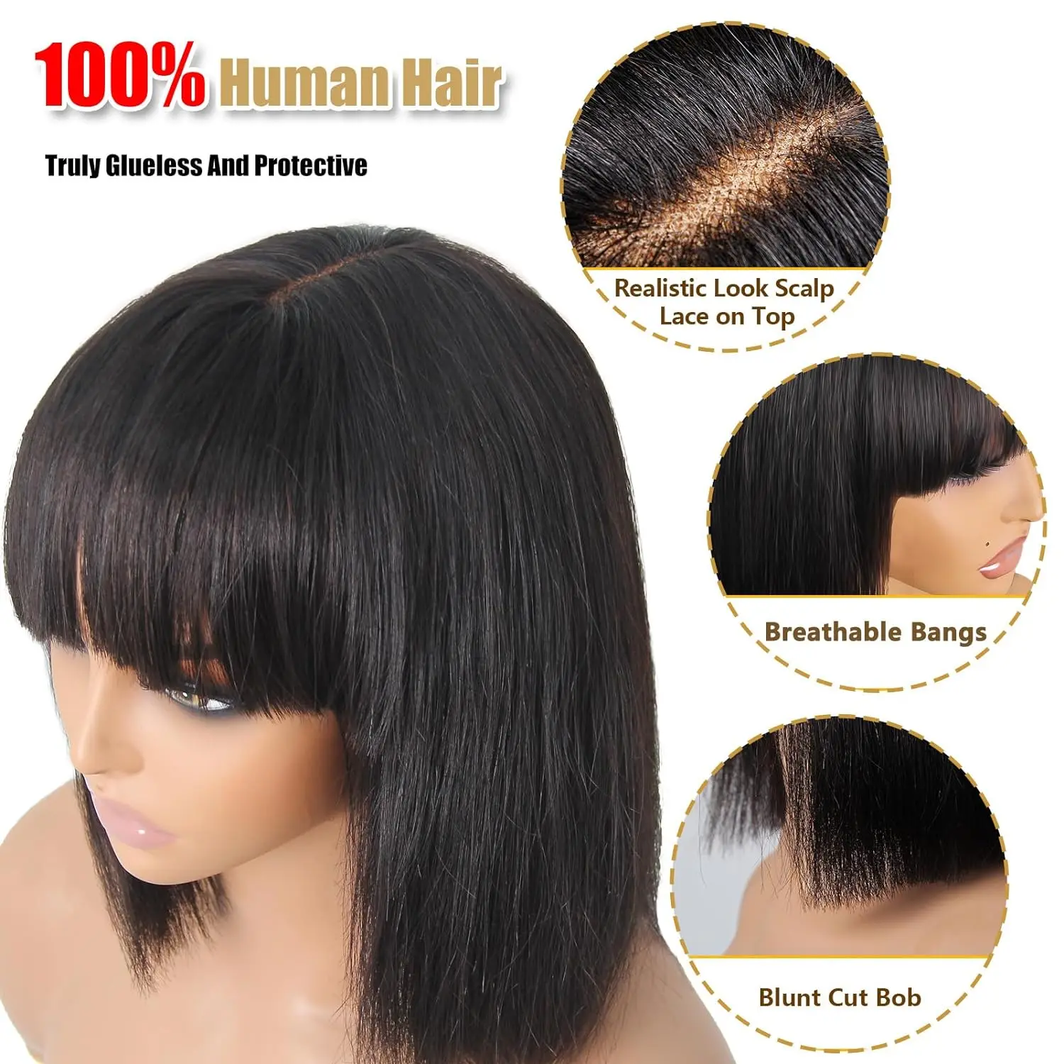 Glueless Wig Human Hair Ready To Wear Straight Bob Wig With Bangs For Women 2x1 HD Lace Wig Realistic Look Scalp Blunt Cut Hair