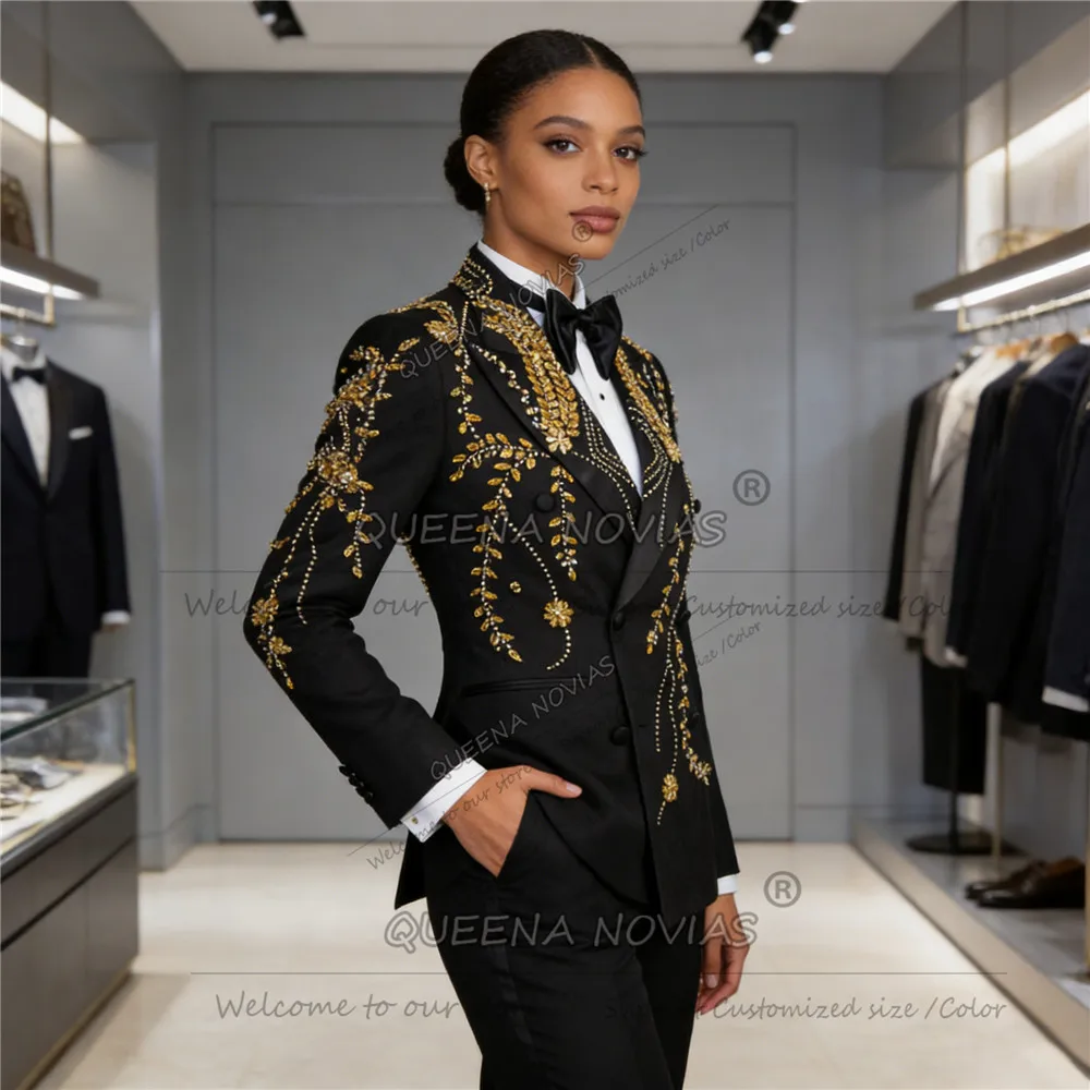 Luxury Beaded Stones Suits Women Slim Fit Ladies Business Party Attire Customized 2 Piece Set Female Prom Tuxedos Mother Dresses