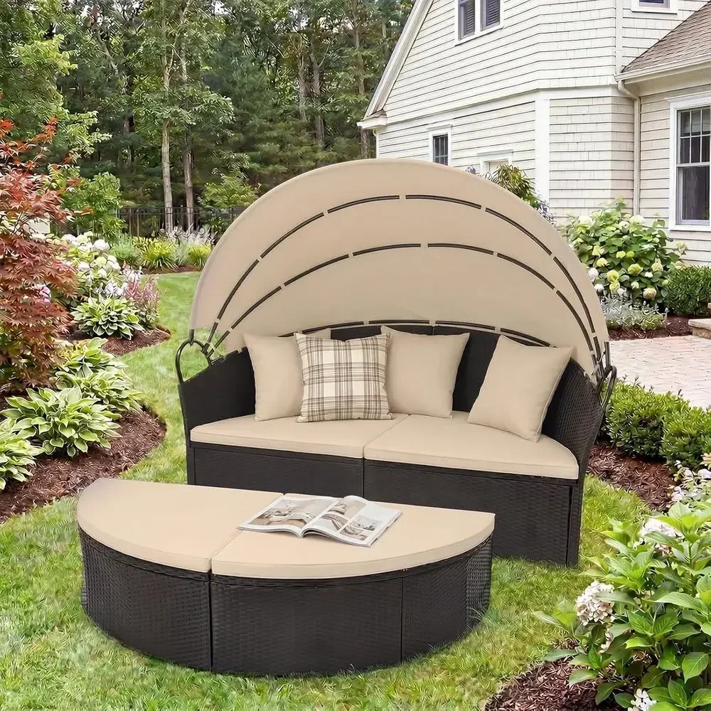 Round Outdoor Daybed with - Wicker Sectional Soa Sunbed w/Cushions & 3 Pillows, Rattan Clamshell Contion Lounger Separated Seati
