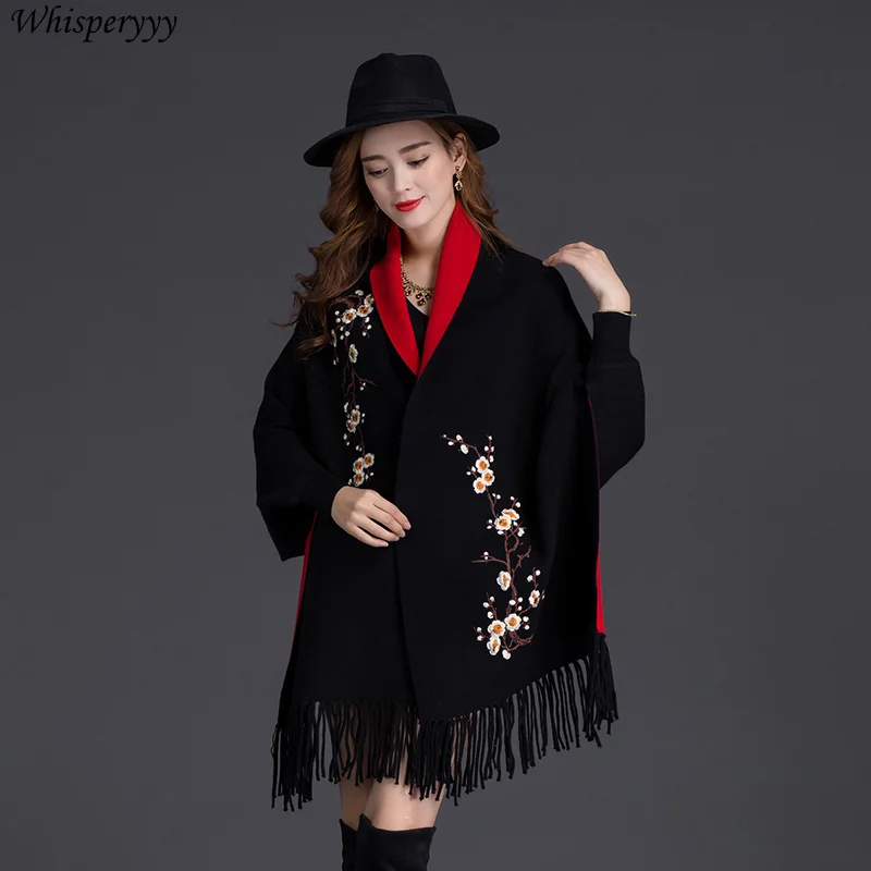 Autumn Winter Cape Cardigan Women Sweater Wear Shawl Scarf Dual-use Embroidery Lady Poncho Coat Loose Thick Knitted Cloak Jacket