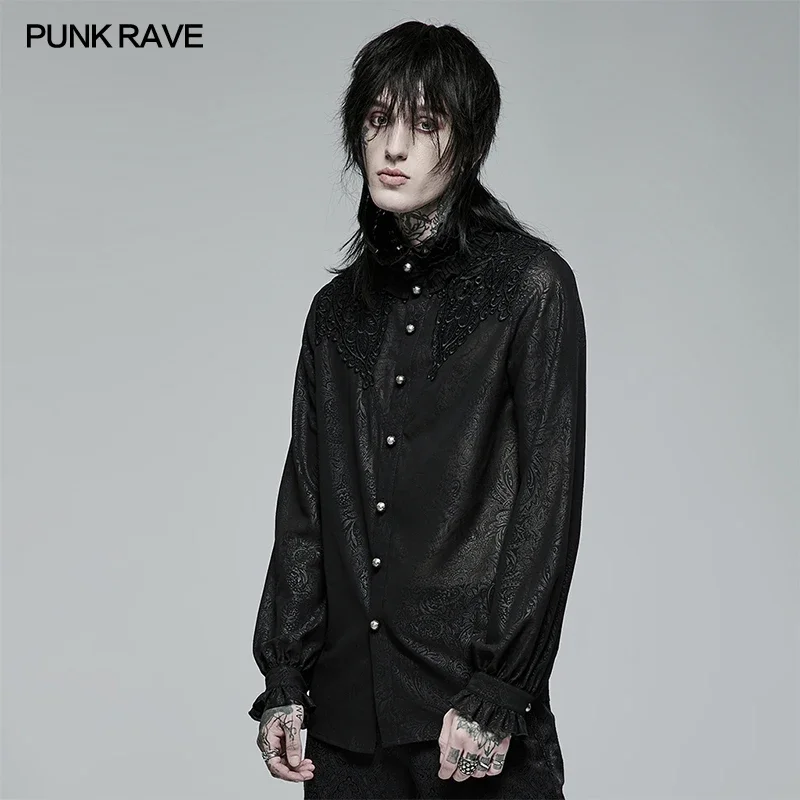 PUNK RAVE Men\'s Gothic Chiffon Printed Long Sleeve Shirt Ruffles Neckline Spring & Summer  Men Clothing