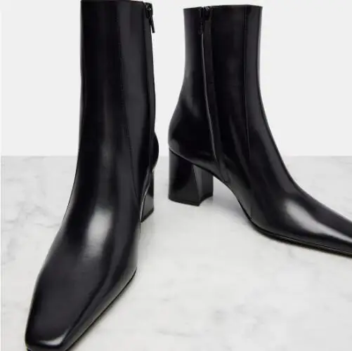 Autumn Women Black Matte/Shiny Patent Leather Square Toe Chunky Heels Slim Mid-calf Boots Ladies High Heel Knight Booties Shoes