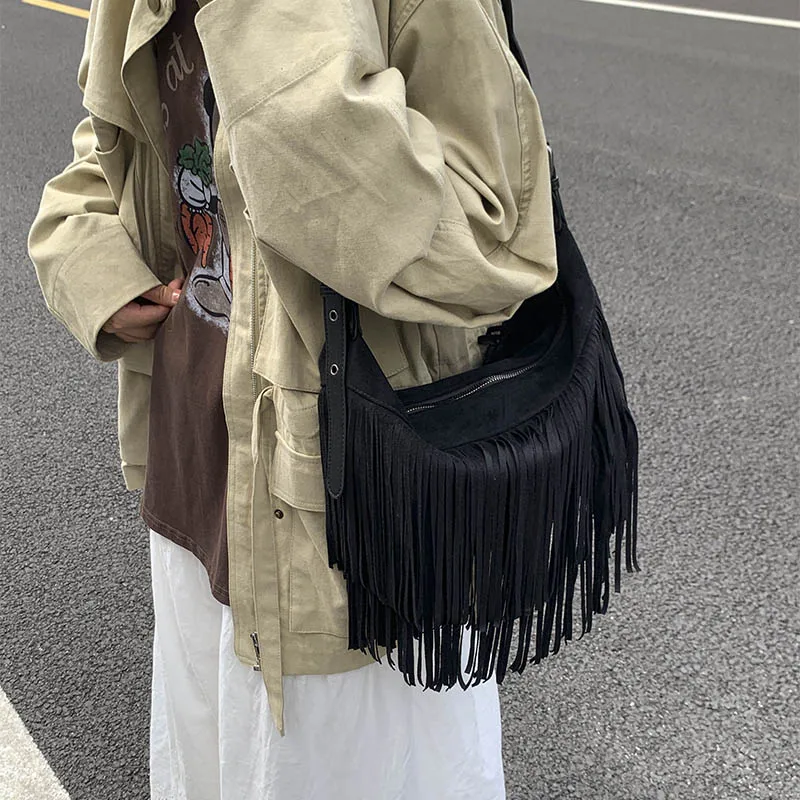 LEFTSIDE Design Punk Style PU Leather Shoulder Bags for Women 2025 Tassels New Crossbody Bag Females Retro ​Luxury Handbags image 2