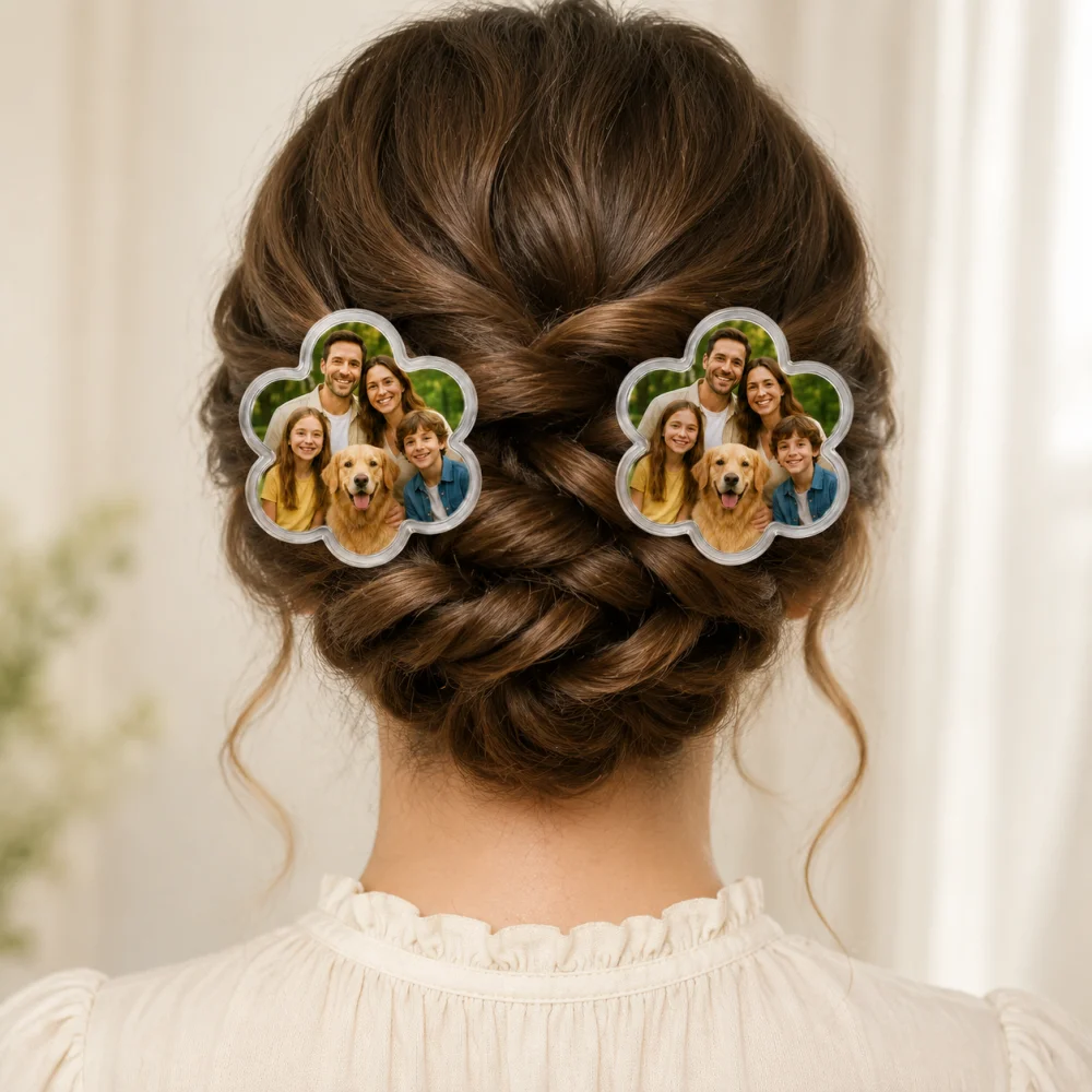 Custom Photo Acrylic Hair Clips Set,2 Identical Flower‑Shaped Barrettes,Personalized Image Hair Accessories Gift for Girls