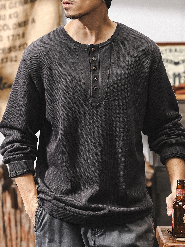 

American Retro Long Sve Henry Collar Sweater Men's Loose Fit Casual Cotton Knitwear Vintage Sle Autumn Faion Top