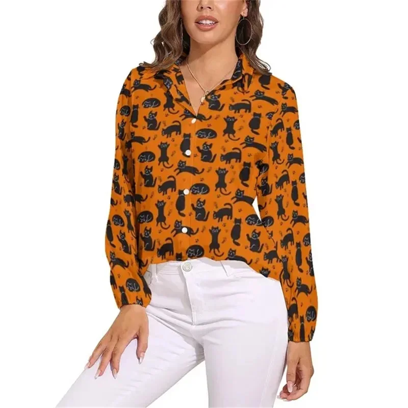 Black cat blouse for women, loose-fitting blouses with cute classic cat print, long-sleeved Kawaii shirts, clothing view 4