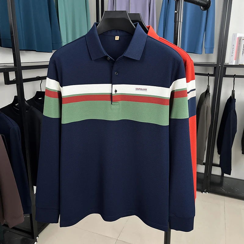 الموضة الكلاسيكية مخطط كم طويل قميص بولو الرجال العلامة التجارية الفاخرة رسالة مطبوعة الأعمال عادية ربيع الخريف جديد التلبيب تي شيرت