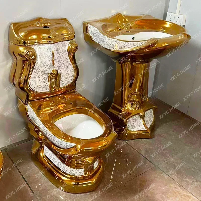 golden toilet retro hotel color gold toilet split creative wall row gold-plated toilet column basin