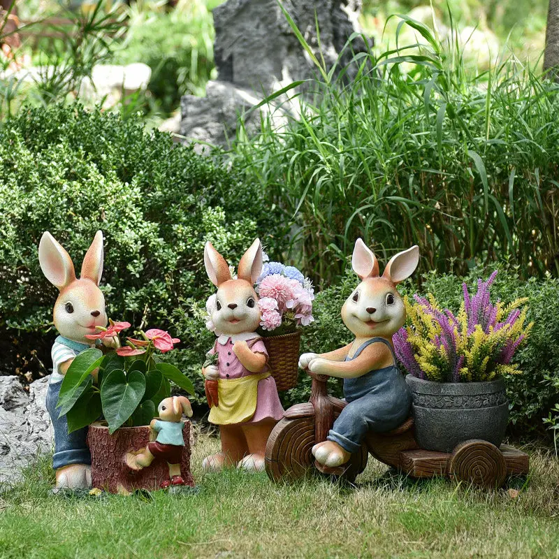 Cartoon Rabbit Planter with Back Basket Garden Decorative Figurine for Balcony Lawn Flower Pot Ornament Rustic Landscape Decor
