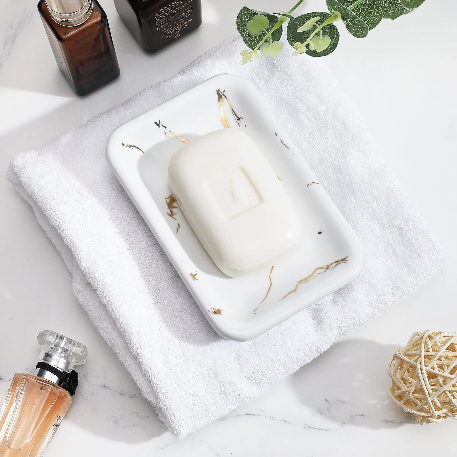 Shinowa Ceramic Soap Dish Double Soap Holder with Drain Porcelain Self Draining Soap Dish Bar Soap Holder for Shower Bathroom