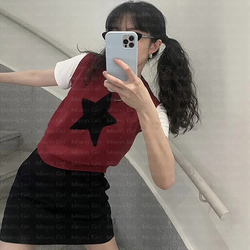 Cool Girl Star Print Round Neck Sweater Korean Streetwear Retro Slim Kawaii Pullover Sleeveless Sweater Vests Autumn  Streetwear