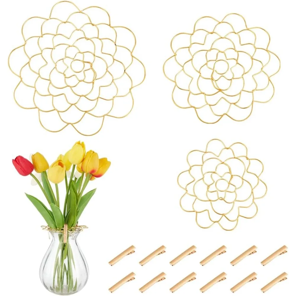 

3Pcs Stainless Steel Flower Arrangement Insert Lids with 12Pcs Iron Alligator Claps Light Floral Grid Arranger Holder for Vase