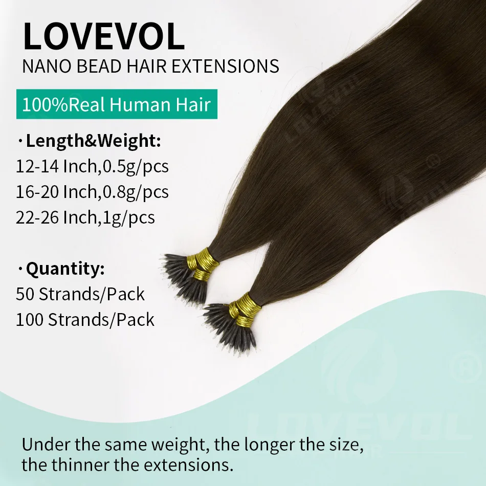 50Pcs Nano Ring Human Hair Extensions Straight Remy Micro Beads Ring Hair Extension 0.5g/0.8g/1g/Strand 12-26Inch Natural Color