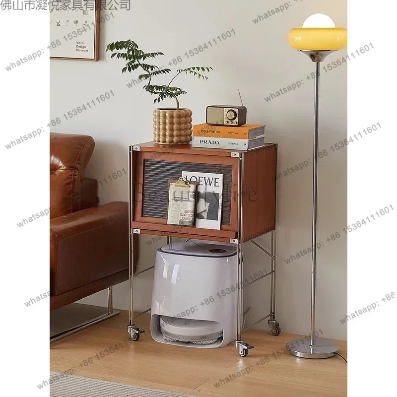 yj58 Medieval solid wood sweeping robot shelf retro living room housekeeping storage cabinet