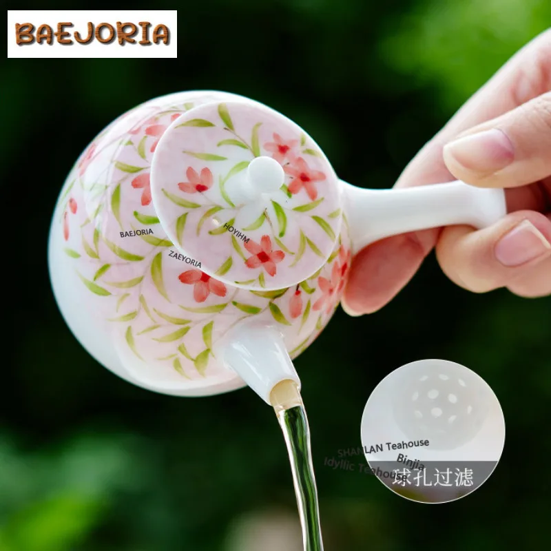 115ml Hand-painted Leaf Vine Pink Cherry Side Handle Teapot Retro Tea Infuser Pot Tea Brewing Kettle With Ball Hole Teaset Craft