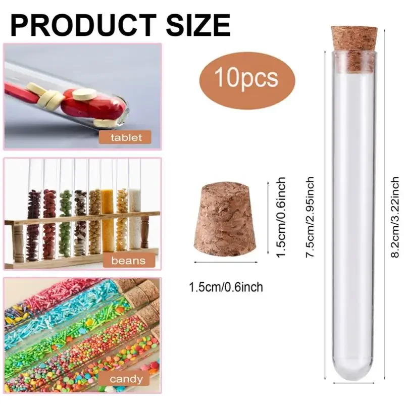 10pcs/set Transparent Plastic Test Tube with Cork Lid Cap U-shaped Bottom Long Transparent Test Tube Supplies Accessories