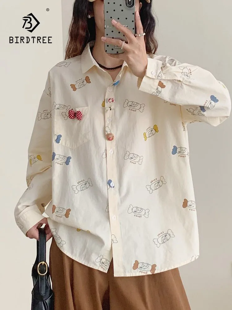 

Новинка 2025, осенняя хлопковая рубашка с длинными рукавами, женская рубашка с отложным воротником и ярким принтом, милая свободная блузка Mori Girl для снижения возраста T59353CC