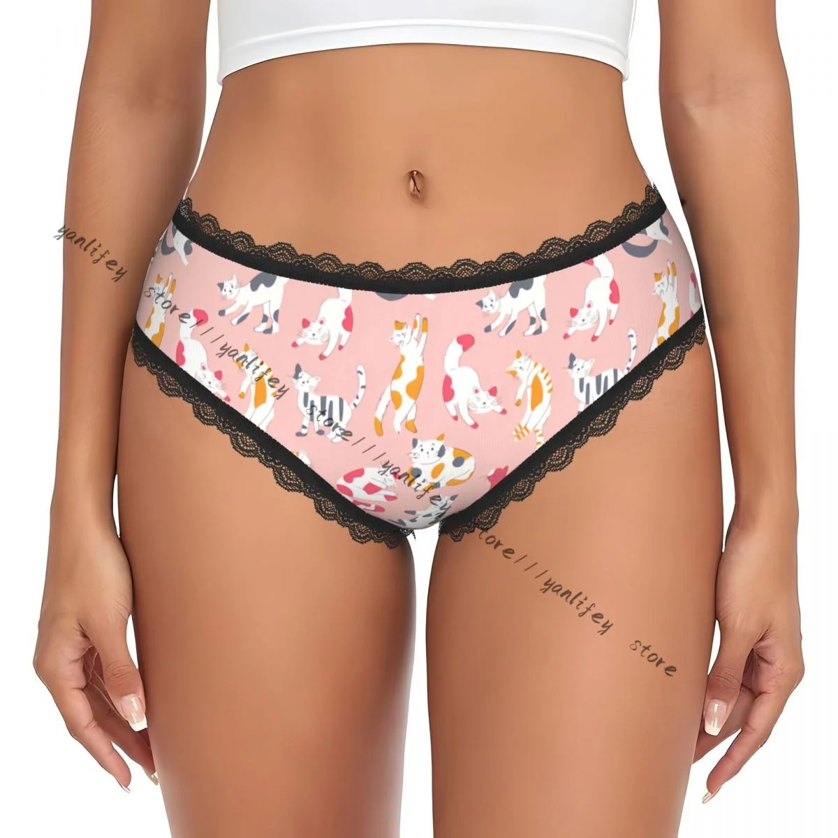 Casual Women Cute Cat Pattern Lace Triangle Panties Comfort Intimate Wear