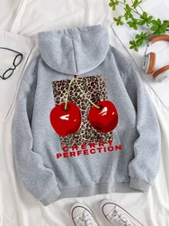 Autumn Woman Hoodies Fashion Leopard And Cherry Perfection Prints Sweatshirt Comfortable Pocket Soft Pullover Casual Clothes