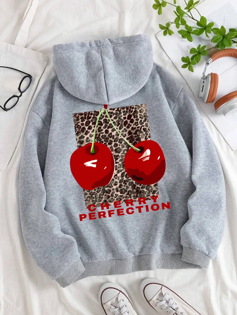 Autumn Woman Hoodies Fashion Leopard And Cherry Perfection Prints Sweatshirt Comfortable Pocket Soft Pullover Casual Clothes