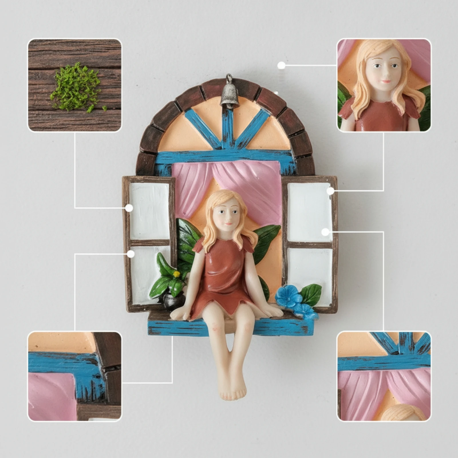 Fairy Window Ornament Outdoor Fairy Window with Shutters Garden Statue Whimsical Wall Plaque Miniature for Tree Trunk, Fence