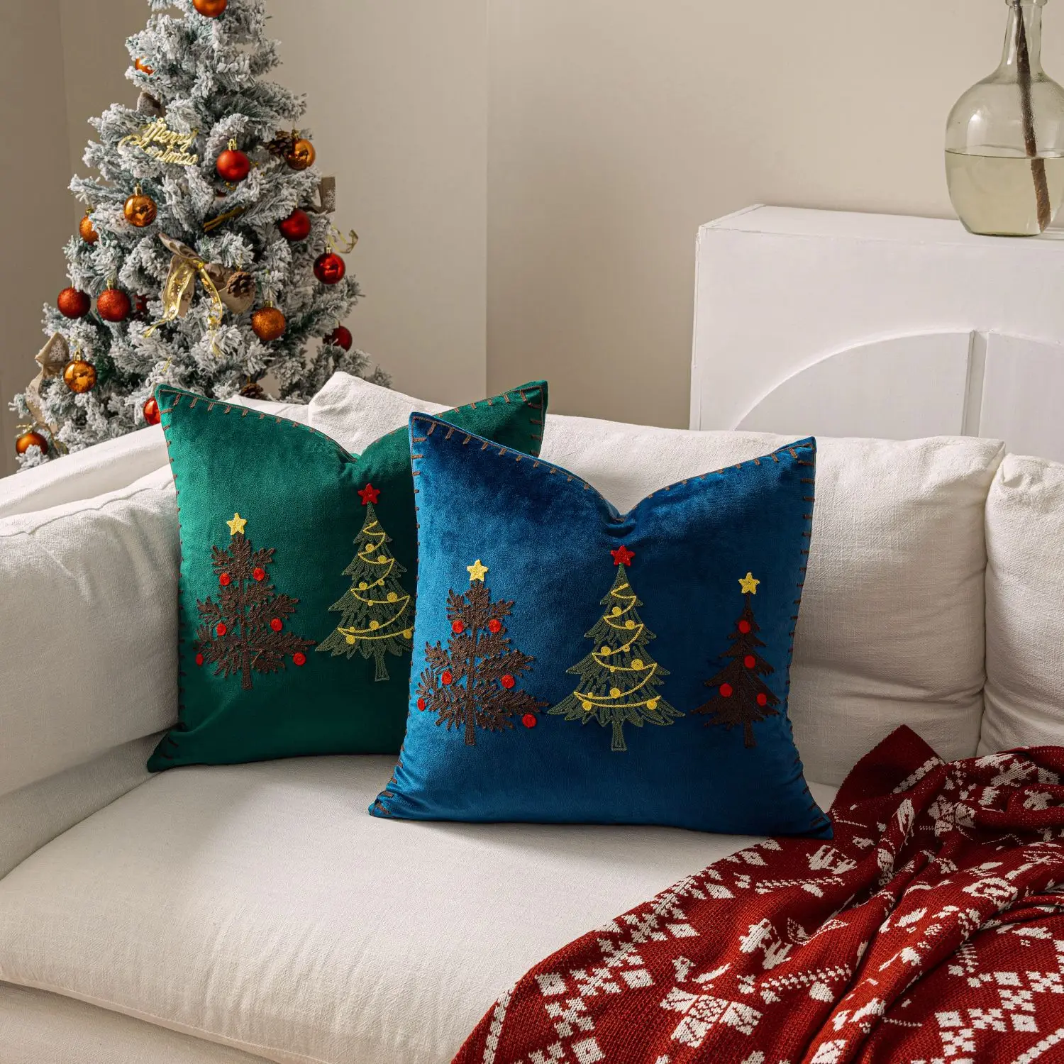 45x45cm Weihnachtsbaum bestickter Kissenbezug Cojines kurzer Plüsch Weihnachten Wohnzimmer dekorativer Heimsofa-Überwurf-Kissenbezug – Detail 4