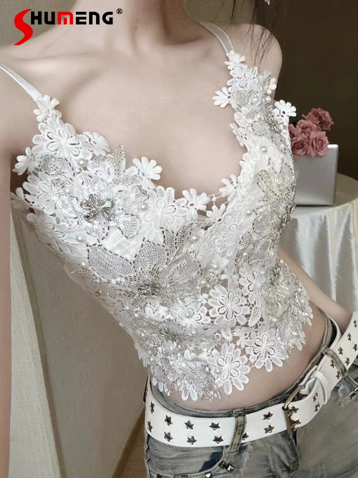 

Lace Slimming Women’s Vests 2024 Summer Diamond Sequins Flower Beauty Back Inner Bottoming Shirt Feminine Nice Tank Tops