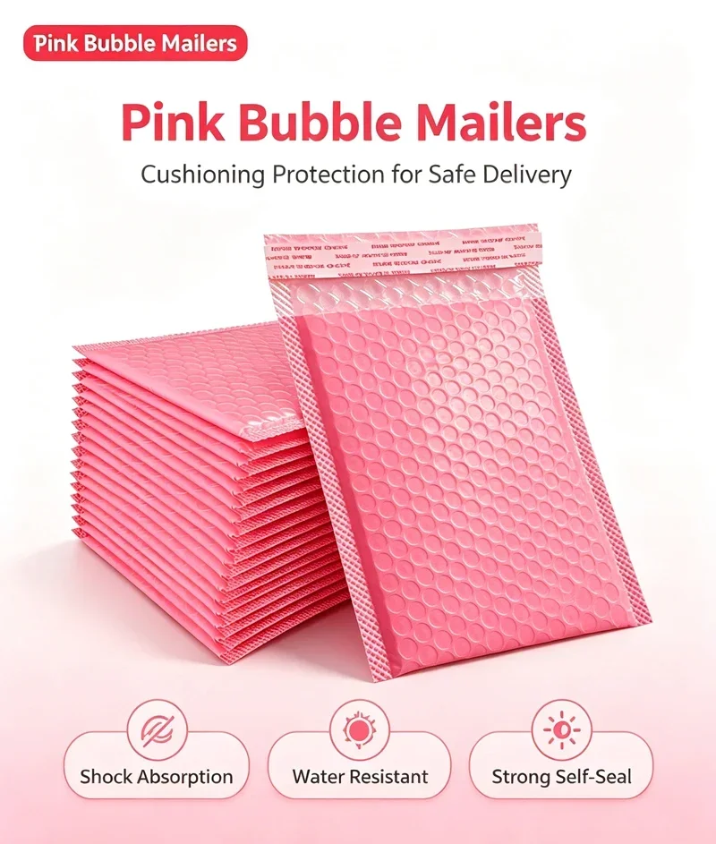 20 Stück rosa Luftpolsterumschläge, wasserdichte Schaumstoff-Luftpolstertaschen, Express-Versandumschläge, selbstklebende Verpackungstaschen, Organizer – Detail 2