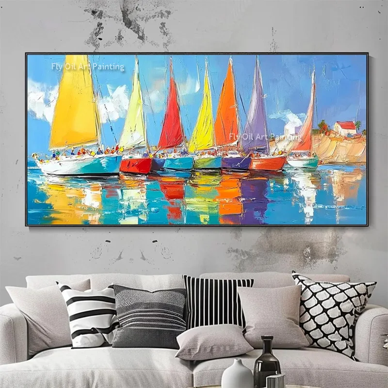 Modern Blue Seascape Colorful Sailling Boats On The Ocean Oil Painting Blue White Sea View Thick Canvas Wall Art For Decor