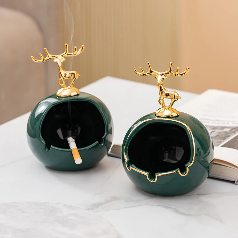 Modern Electroplating Golden Deer Enamel Ashtray Cartoon Animal Windproof Office Car Ceramic Storage Box Home Decoration