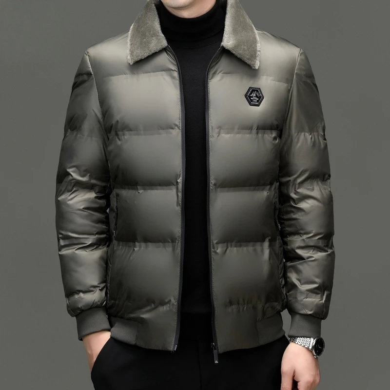 

Thickened Cotton Jacket Men's Winter Warm Coat Zipper Notch Collar Pure Color Anti-Cold New Style Fur Collar Standard Fit Fas...