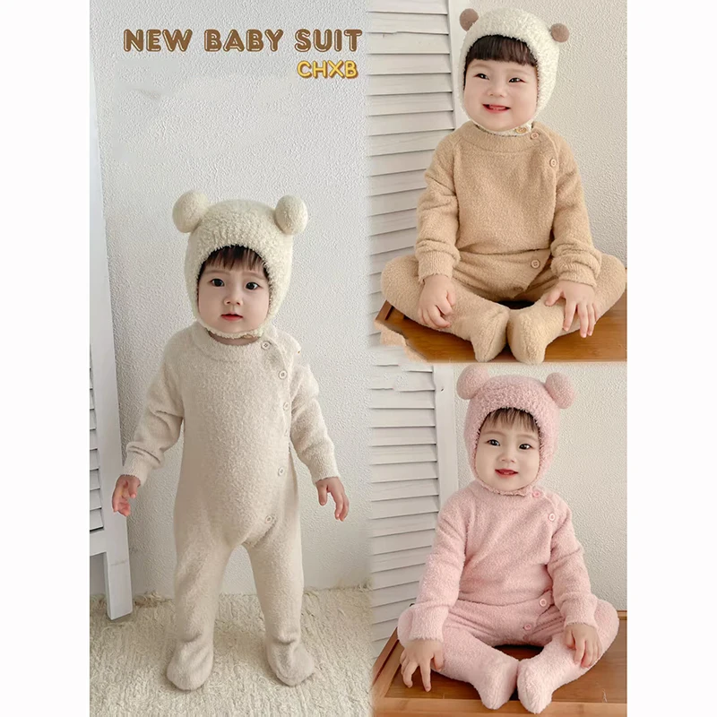 

2025 Newborn Baby Winter Plush Button Closure Romper Children Lovely Jumpsuit Long Sleeve Round Neck Overall Legged Warm Romper