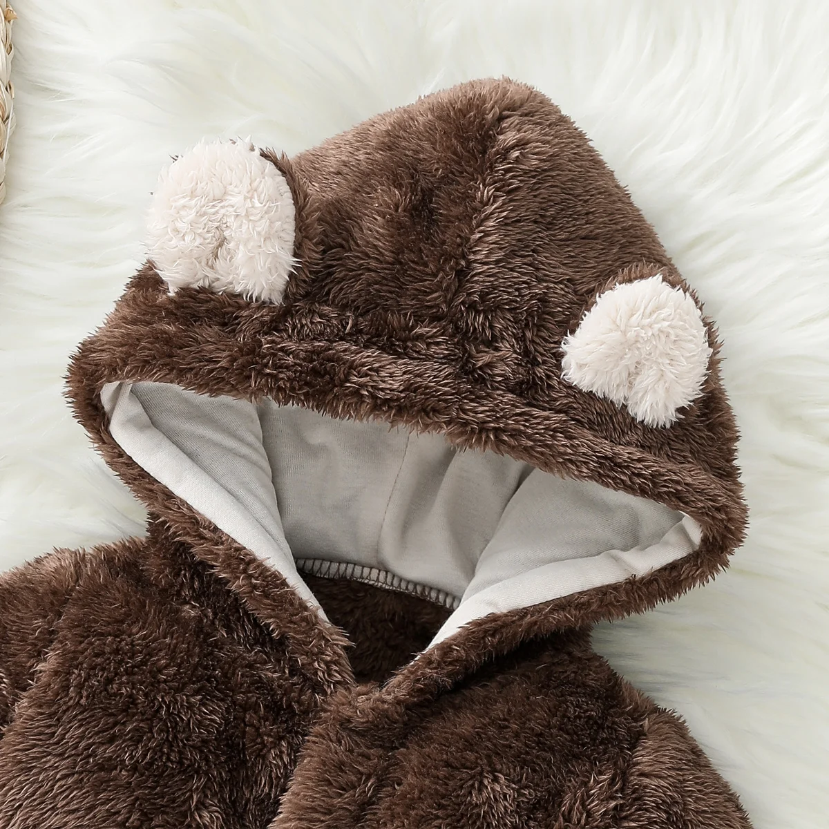 Baby Boy Bear Pattern Hooded Fluffy Fleece Jumpsuit