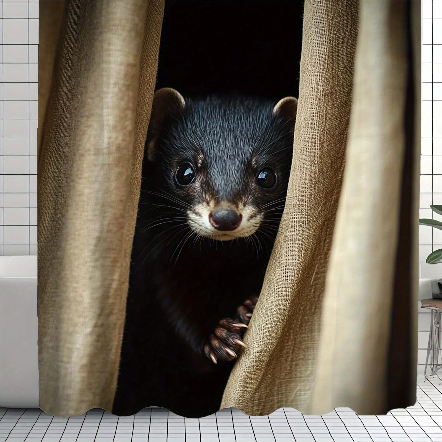 Peeking at mink shower curtains - Curious animals hanging on the living room wall between the curtains, bedroom decor