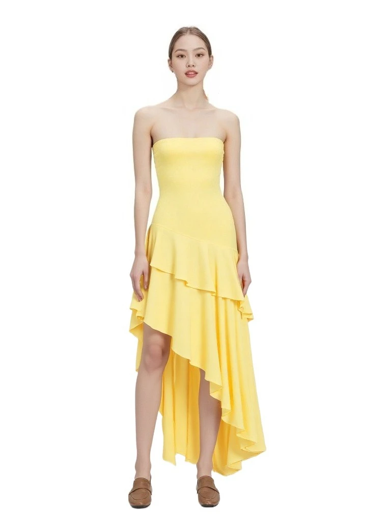 

Sexy Asymmetry Strapless Side Split Ruffles Tiers Long Formal Party Dress Yellow