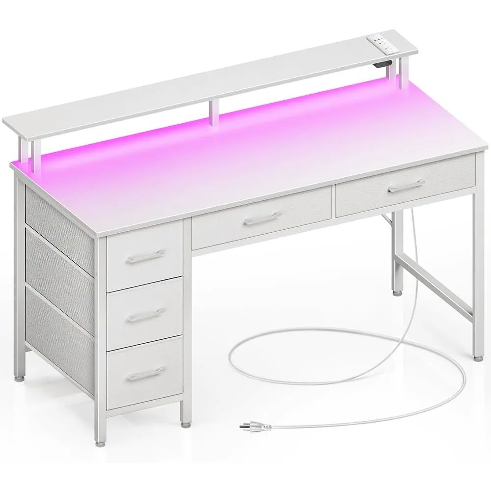 55 Inch Seventable Home Office Desk with Power Outlets LED Light - 5 Drawers Writing Desk Monitor Stand Work Desk White