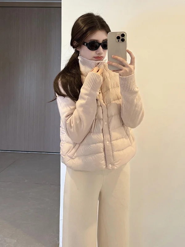 

Утепленная вязаная куртка с воротником-стойкой и вставками из розового хлопка, женская модная повседневная универсальная зимняя верхняя одежда, новый стиль 2025 года