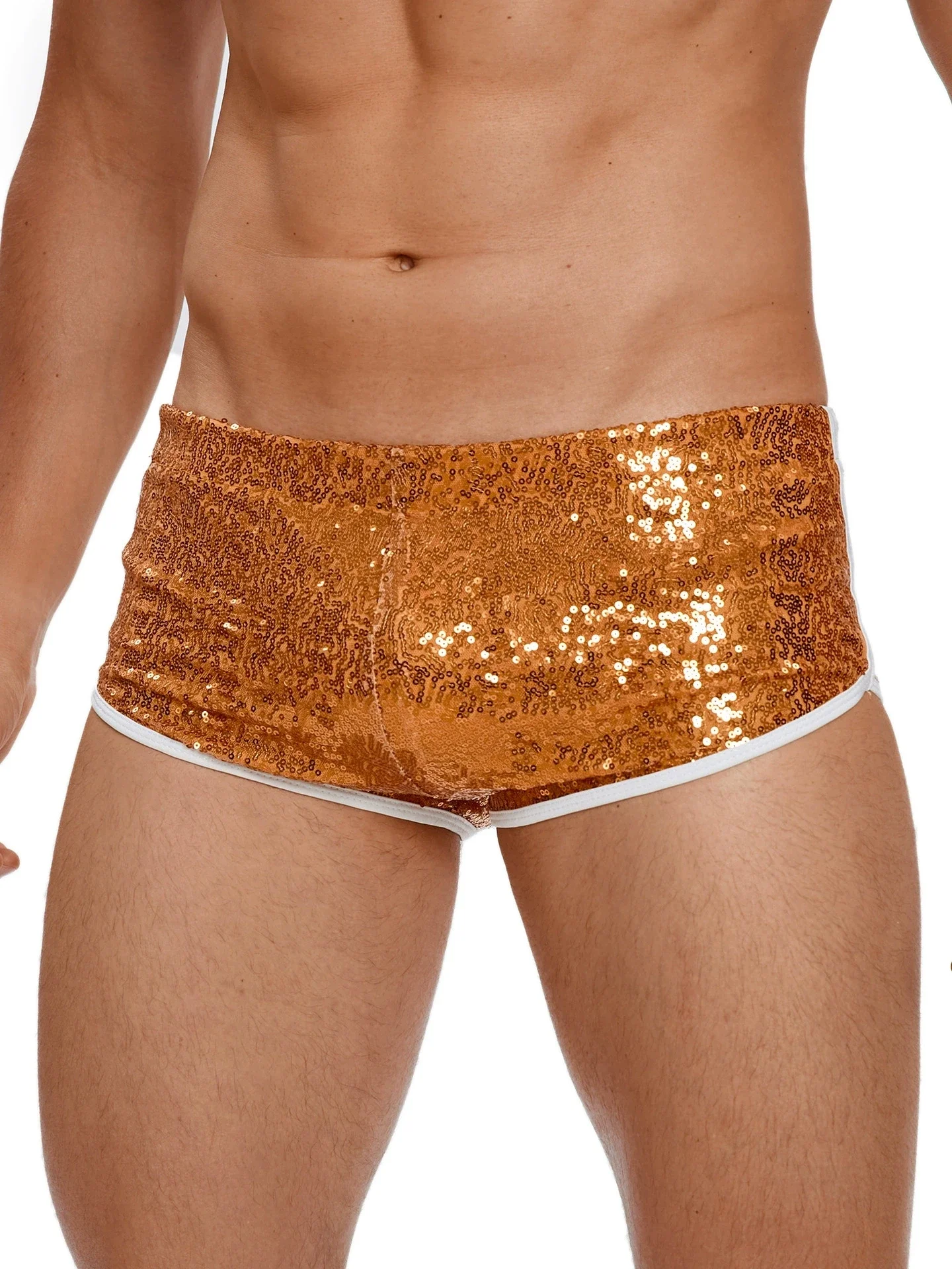 Shorts taille basse pour homme, à paillettes brillantes, pour la scène et la danse, mini-short avec poche U convexe, effet push-up fessier, couleur bonbon