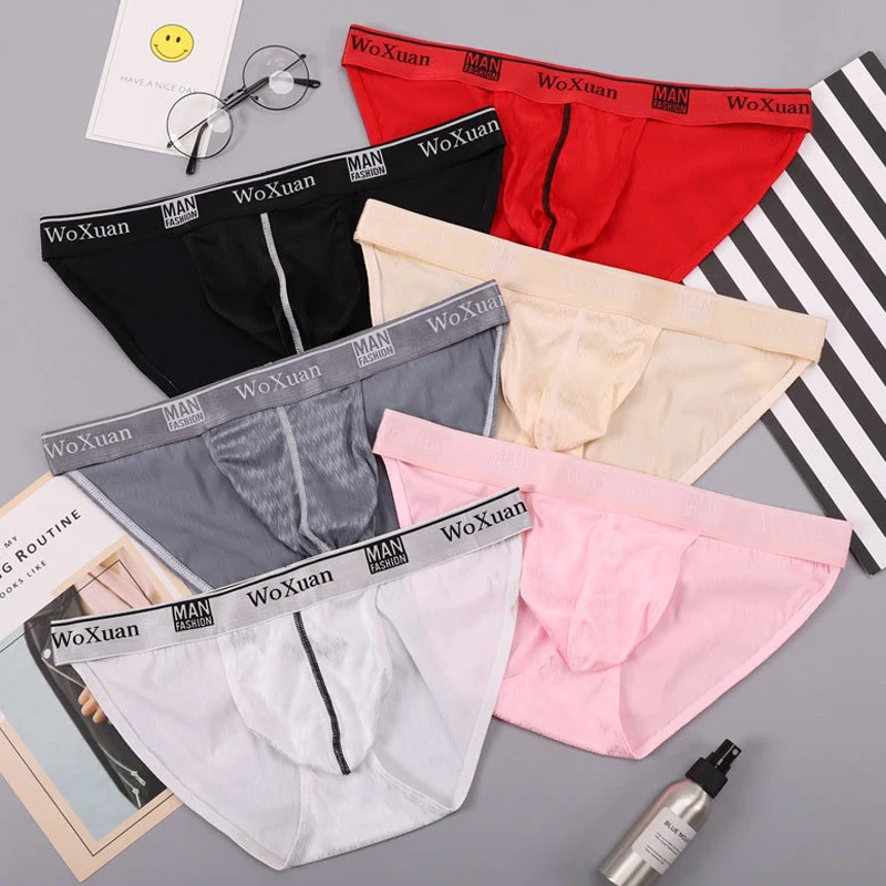 6PCS Men Sexy Solid Color Breathable Nylon Sexy Briefs Jacquard Brushed High-Fork Breathable Silky Soft Bikini Briefs Underwear