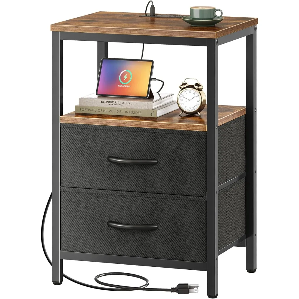 

Nightstand with Charging Station, Side Table with Fabric Drawers, End Table with Open Shelf, Bedside Table with USB Ports