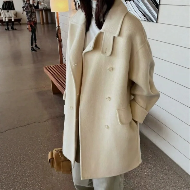 

Ele двубортное шерстяное пальто средней длины с воротником-стойкой, женское зимнее высококачественное твидовое пальто, однотонное пальто для поездок на работу