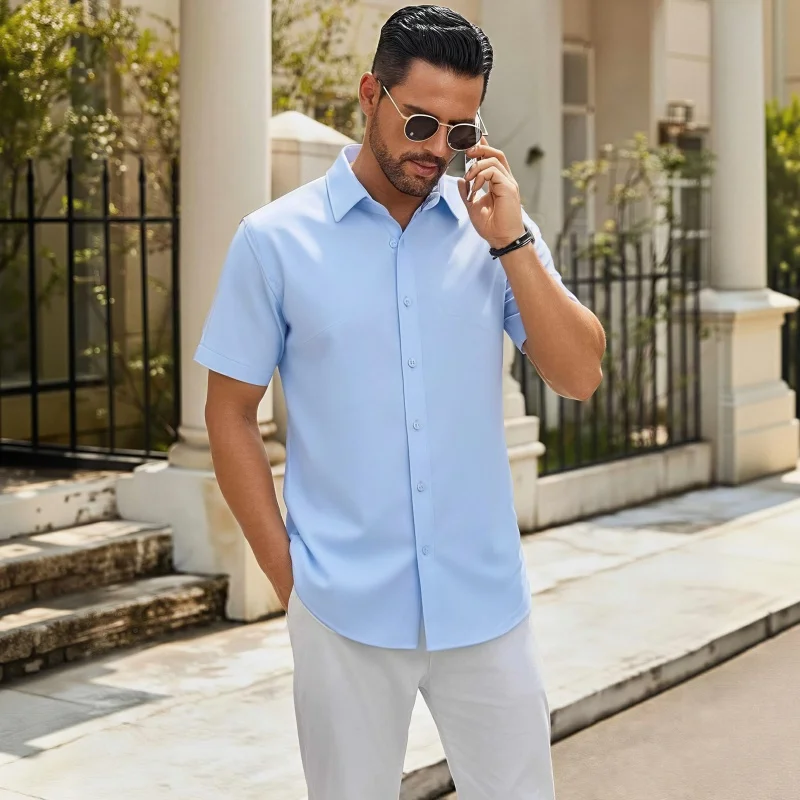 New men's short-sleeved shirt - stretch pure color shirt - suitable for summer business and casual wear, simple and versatile.